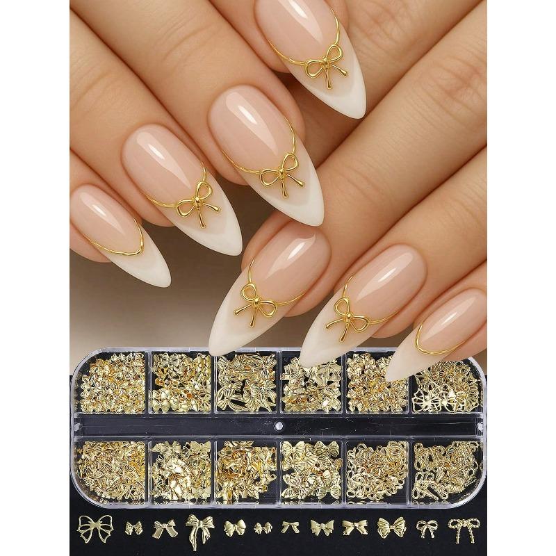 12 Grids Gold Ribbon Bow Knot Metal Cute Nail Decoration Nail Charms Bow Design Mixed Styles Nail Jewelry Accessories Nail Art Supplies