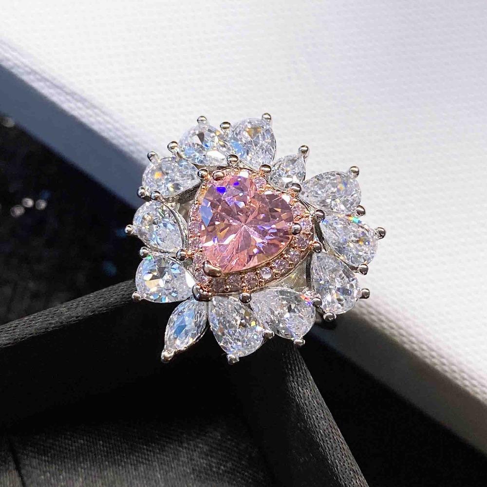 Open Ring Heart Shaped Pink Diamond Jewelry for Women Simulated Argyle Pink Diamond Cluster Ring