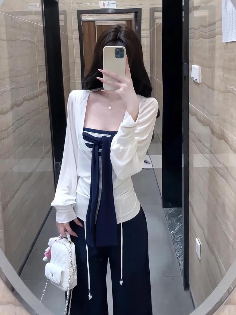 Koreanischer Stil Frühherbst Zweiteiler: Schnür-Trägerloses Top & Langärmeliges Cover-Up