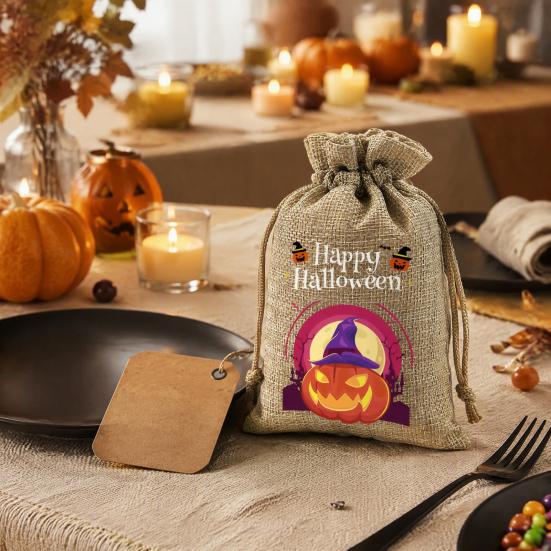 Handmade Style Party Bags 2Pcs Halloween Pumpkin Drawstring for Candy Treats, Retro Burlap Festival Totes Trick or Treat Bags, Portable Goodie