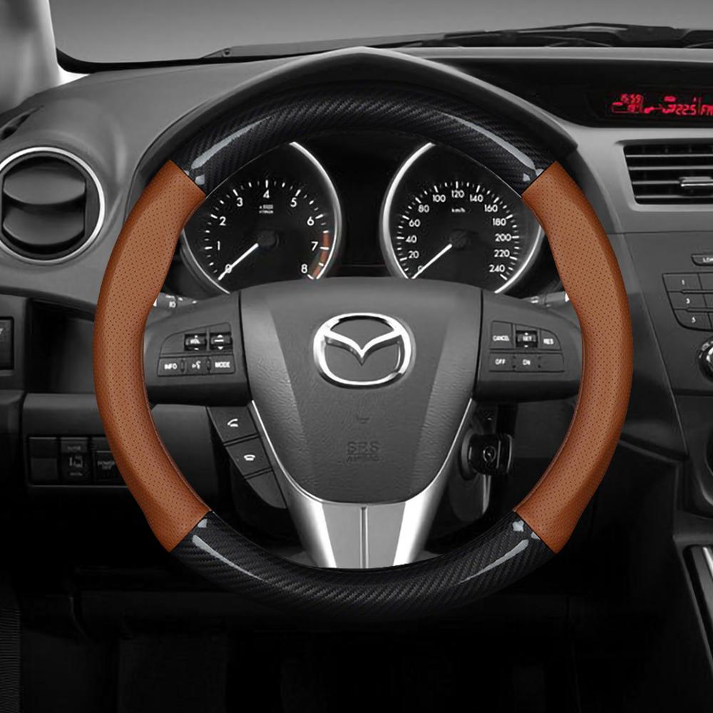 For Mazda 3 6 CX5 2 CX3 CX9 MX5 RX8 Axela Demio Atenza MS GJI GH Skyactiv Car Carbon Fiber Leather Non-Slip Steering Wheel Cover