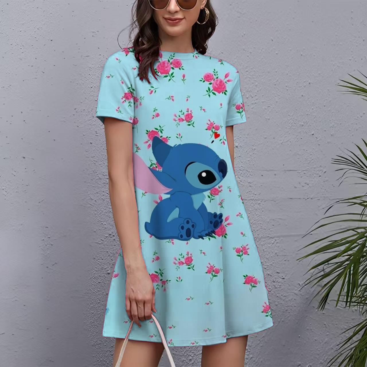 Šaty s potlačou Stitch pre ženy 2025 Nový rok Krátke rukávy O-výstrih Šaty Oversized Dámske Vianočné Zábavné Dámske Párty šaty L