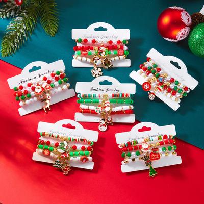 4Pcs/set Christmas Tree Snowflake Bell Elk Colorful Beads Charms Bracelet for Women Crystal Stacking Bracelets Party Jewelry