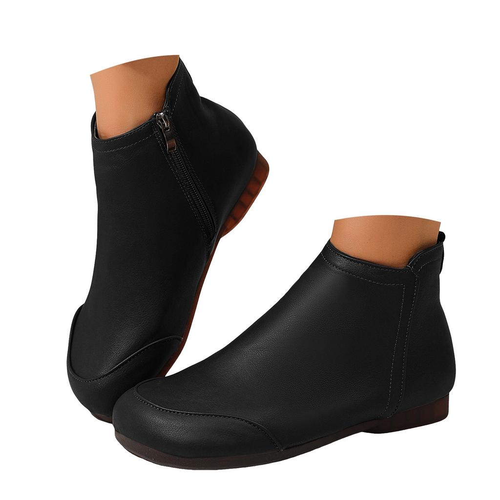 Women's Flat Soled Side Zip Ankle Boots Leather Stylish Retro Round Toe Soft Leather Ankle Boots. Womens Boots Leather Lace up