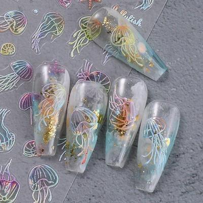 Manet Sommar Strand Nagelklistermärken Färgstark Snäcka Sjöstjärna Snäcka Fisk Självhäftande Glidare Präglade Dekaler Manikyrt Folier Dekor