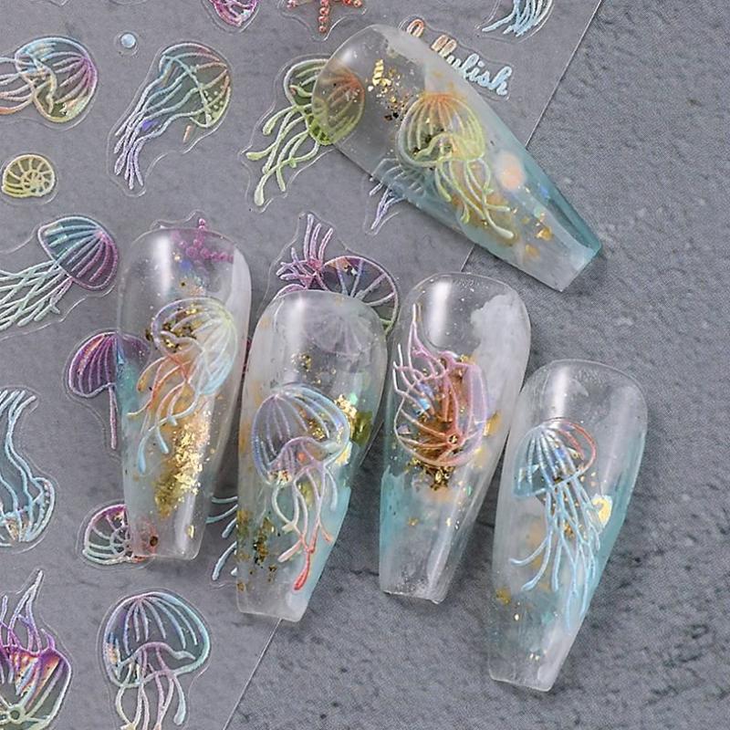 Jellyfish Summer Beach Nail Stickers Colorful Shell Starfish Conch Fish Adhesive Sliders Embossed Decals Manicure Foils Decor