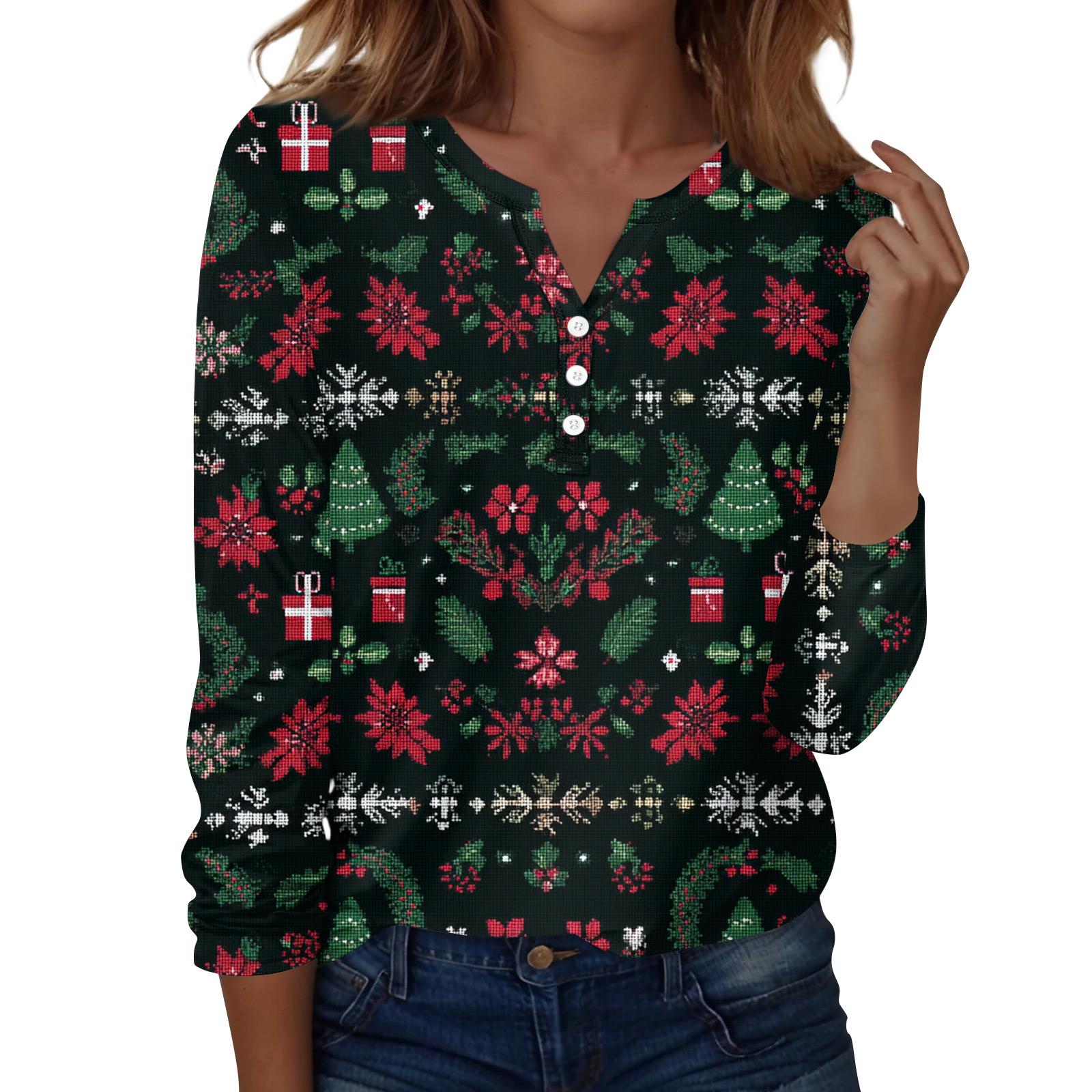 

Женская мода Повседневная футболка с V-образным вырезом, длинными рукавами и декоративными пуговицами XXXL