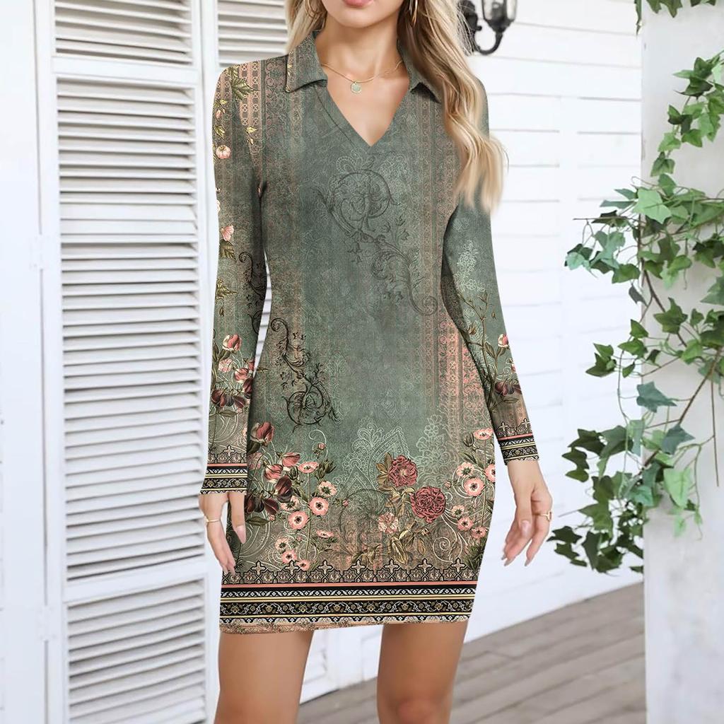 Women's V-neck Casual Print Long-sleeved Fitted Dress