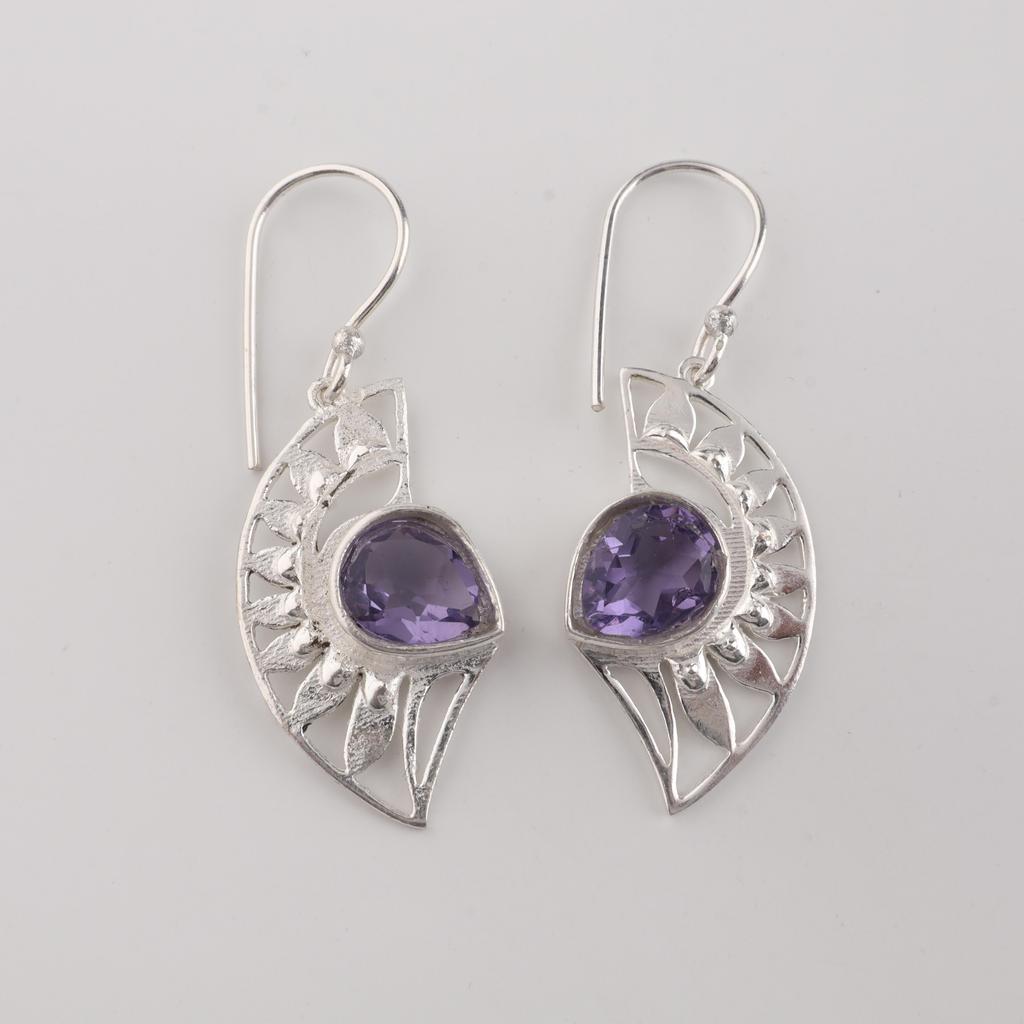 Natural Iolite Gemstone Silver Dangle Earrings 1.5", 925 Sterling Silver Jewelry, September Birth-Stone Jewelry, Iolite Earrings For Gift CE-26-8