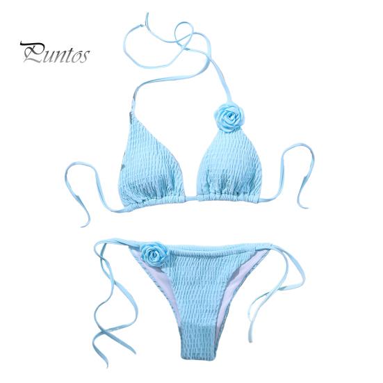 

2 шт./компл. женский сексуальный комплект бикини с бретелькой на шее, 3D цветочный декор, бюстгальтер с высокой талией, трусы на шнуровке, комплект, одноцветный плиссированный пляжный купальник, купальник L синий