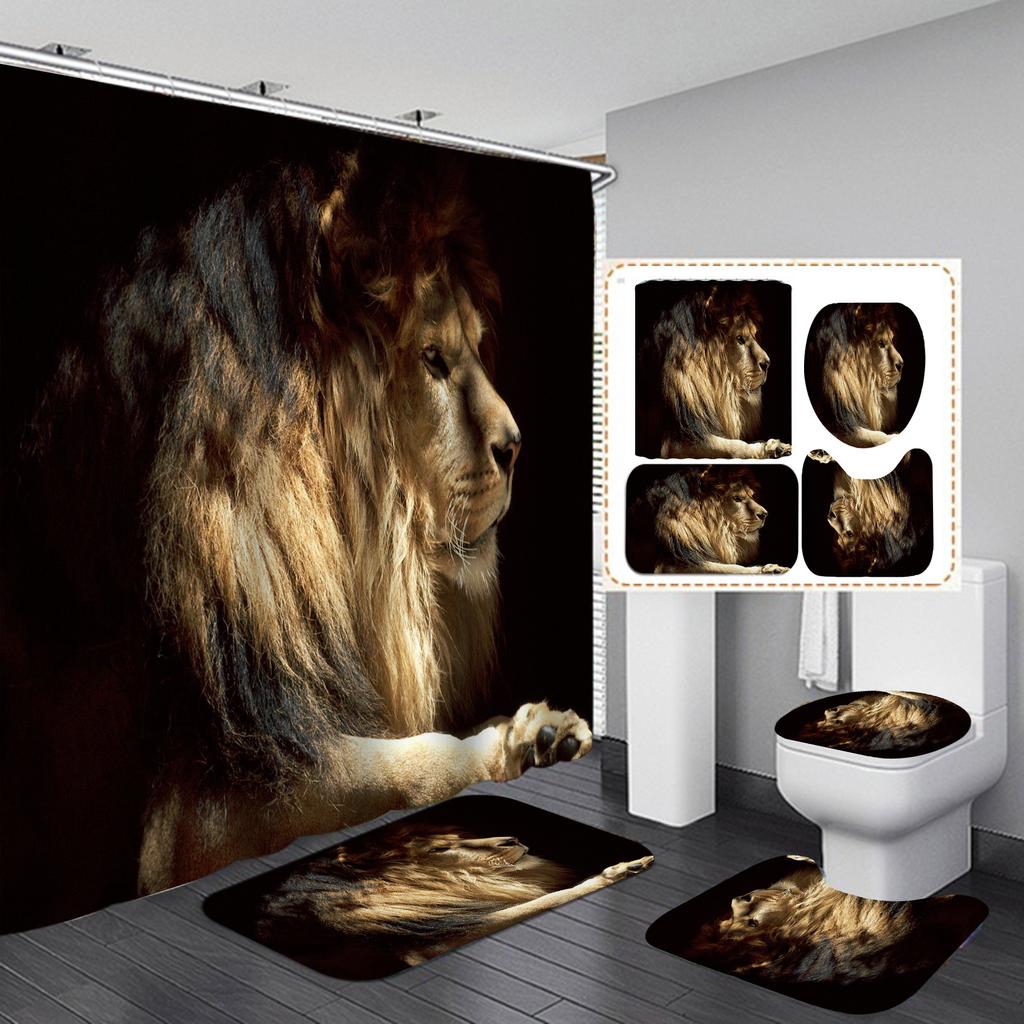Seturi de perdele de duș din seria Lion 4 buc pentru baie Covoare de baie antiderapante Capac capac de toaletă Covoraș de baie