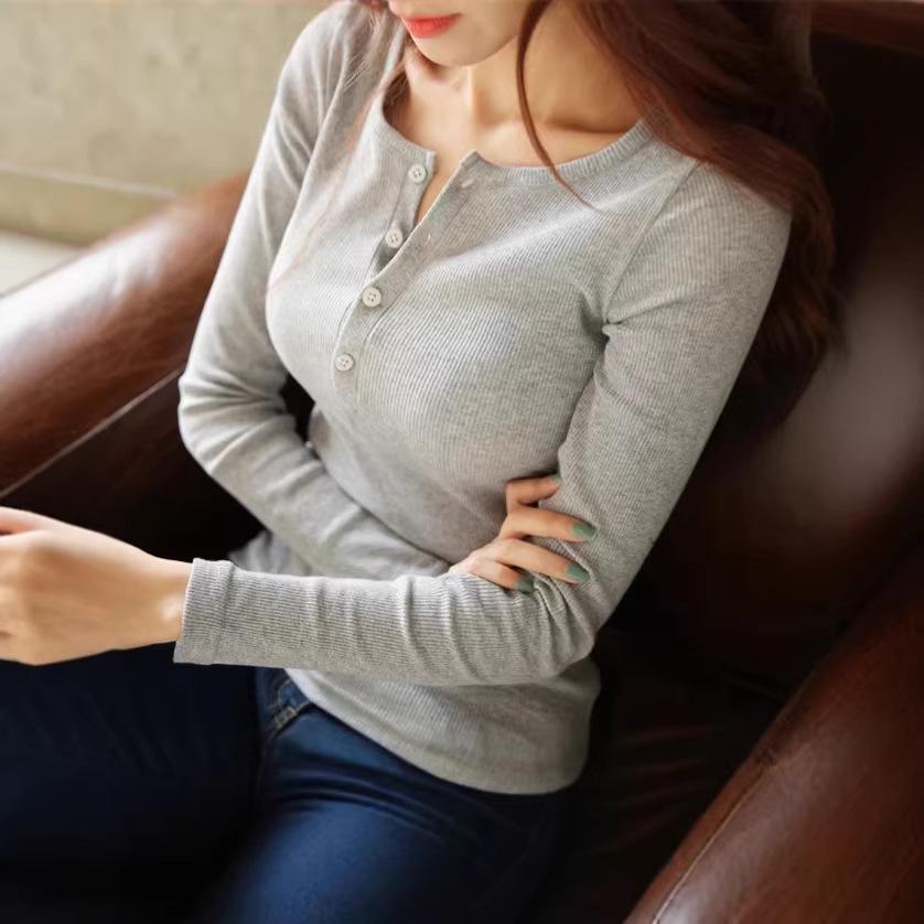 

Women s Korean Style V-Neck Ribbed Long Sleeve T-Shirt - Slim, Trendy Spring & Autumn Layer Small серый