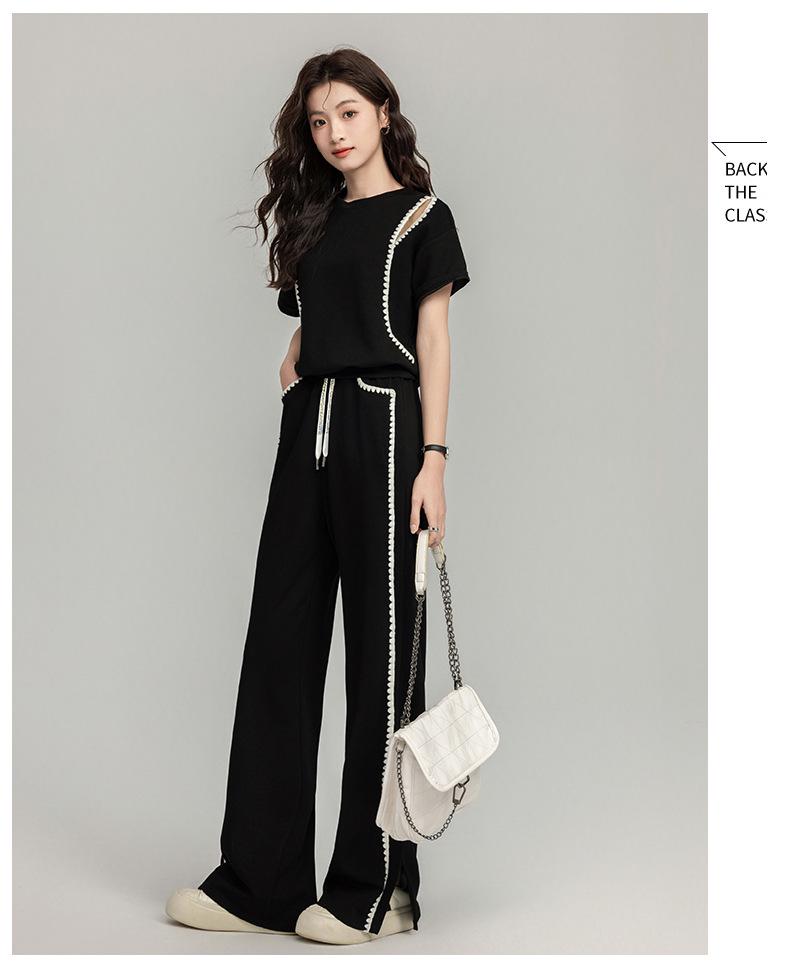 2025 Summer Trendy Sporty Slim Two-Piece Set: Short-Sleeve Top & Wide-Leg Pants
