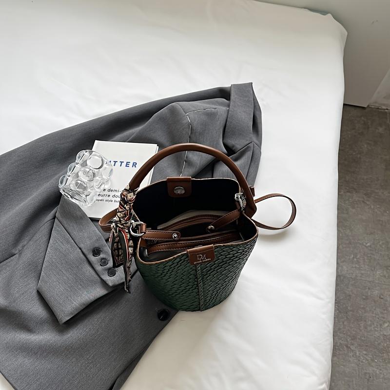 Fashiable Women's Bucket Bag, Stylish Solid Color Woven Effect Handbag Shoulder Bag and Crossbody Bag, Can Be Carried By Hand