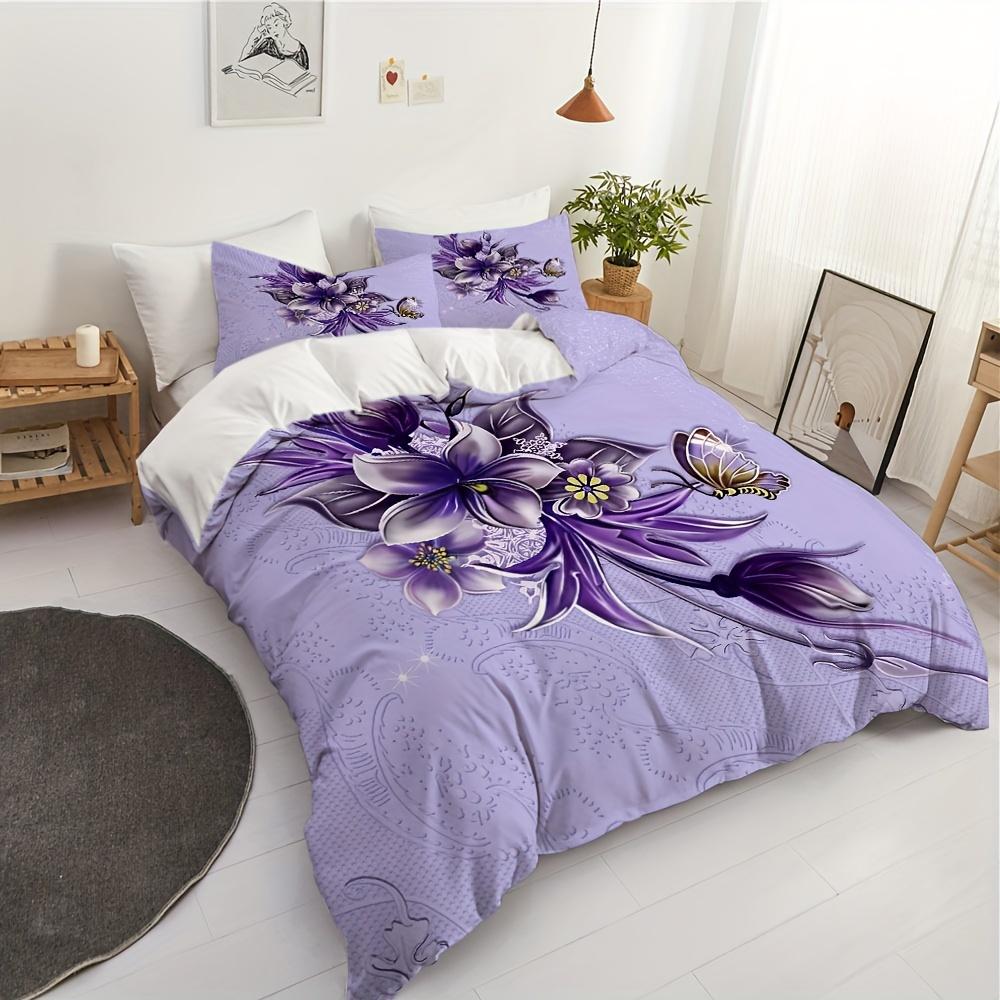 Butterfly Pattern Duvet Cover Queen King Size Purple Floral Textured Bedding Set Bedroom Decor 3 Piece Set With 2 Pillowcases