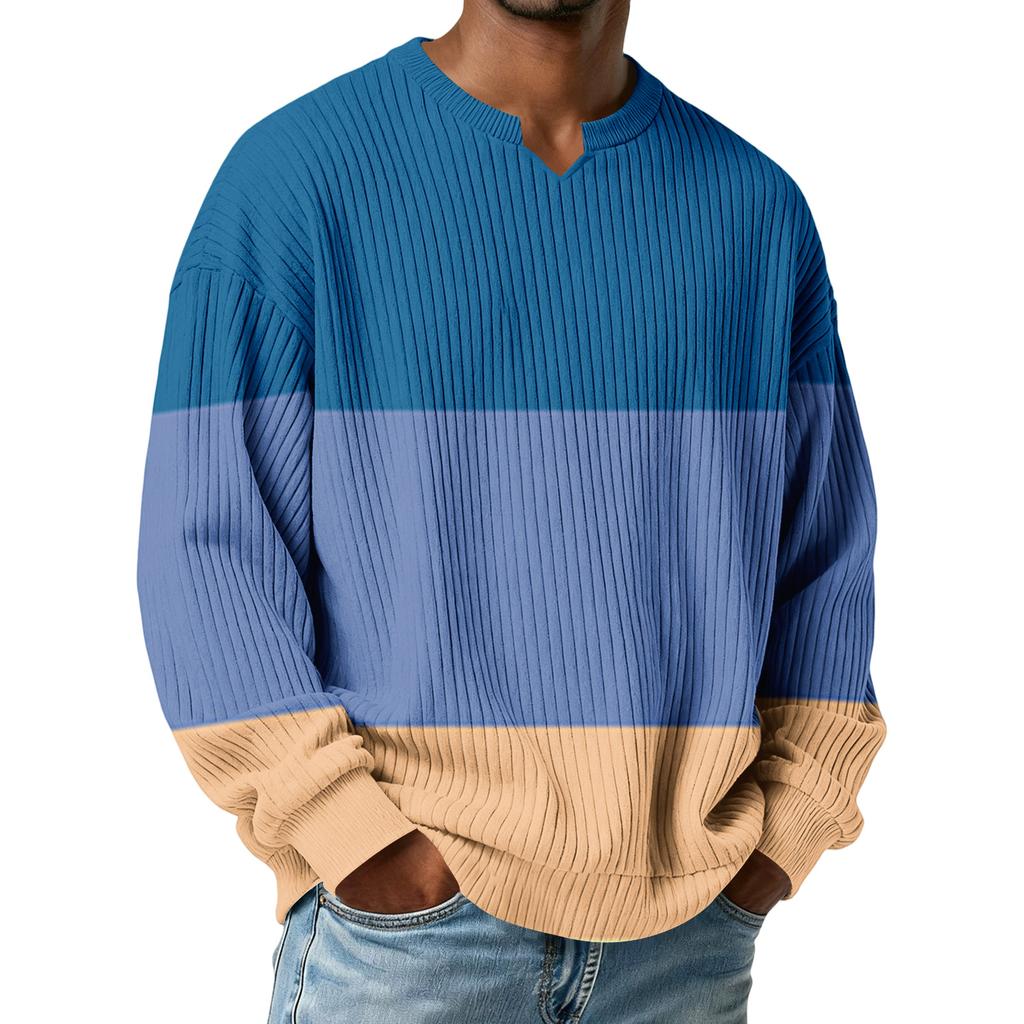 Men's Color-Blocked Stylish V-Neck Ribbed Textured Long-Sleeve T-Shirt