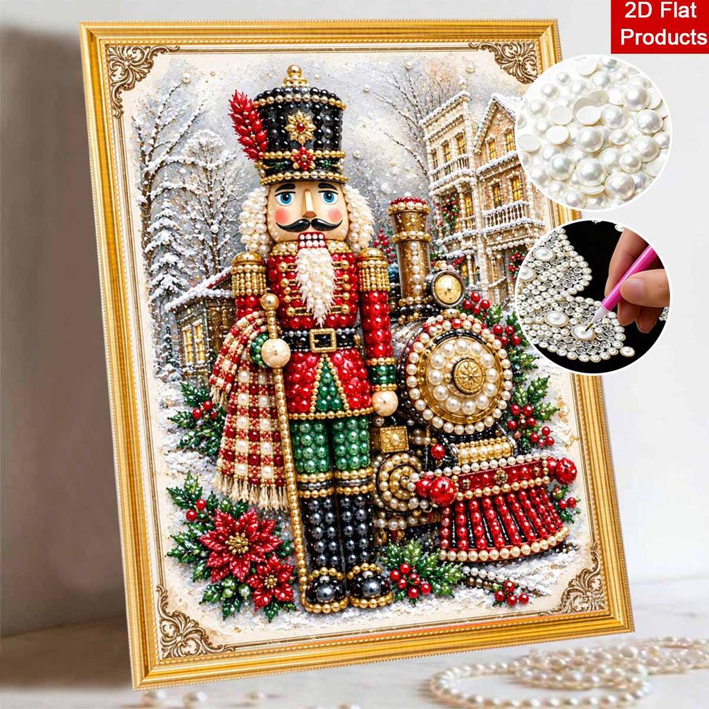 Christmas Nutcracker and Train Pearl Painting with Frame 3D Sparkling Canvas Art Relaxing Craft for Bedroom Wall Decor Holiday Gift