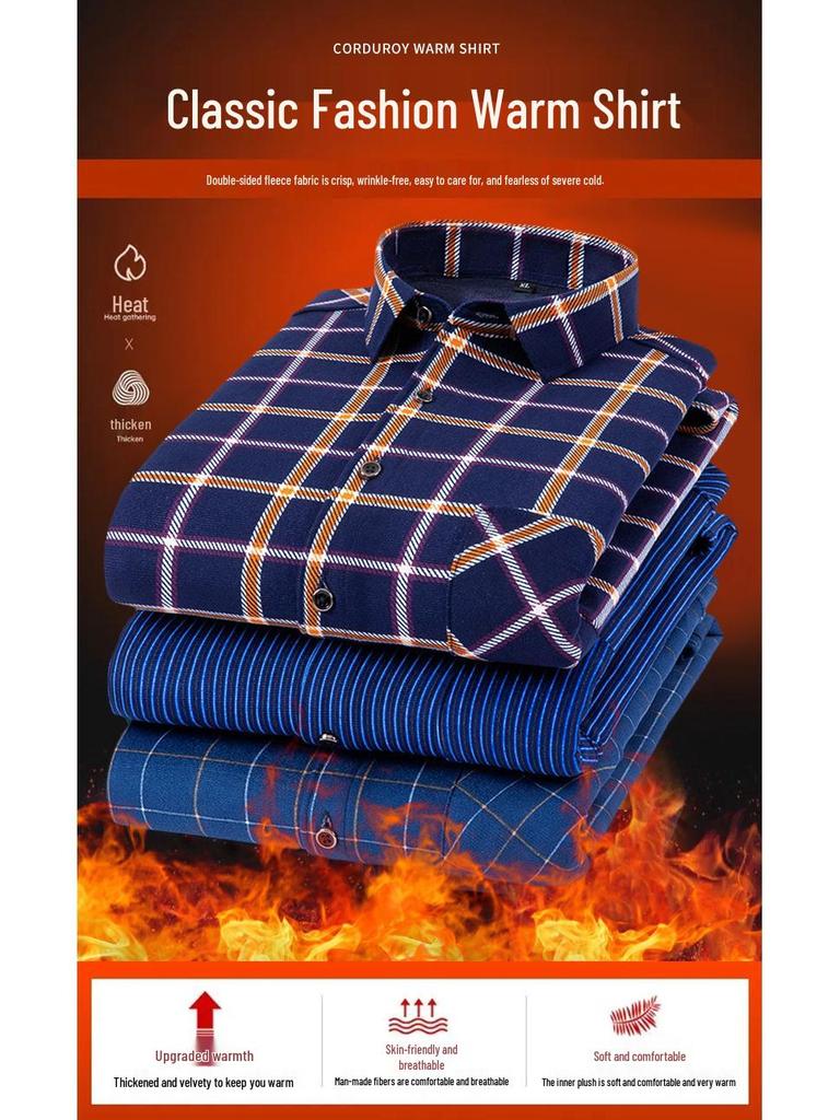 Men's Double-Sided Fleece-Lined Long-Sleeve Shirt for Autumn and Winter