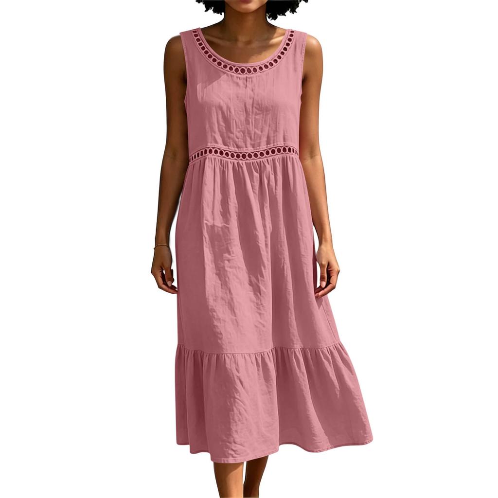 Women Sleeveless Crew Neck Cotton Linen Dress Hollow Out Lace Trim Midi Dress Summer Casual Loose Fit Solid Sundress