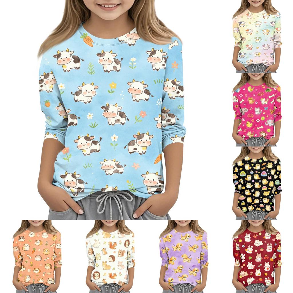 Kids Animal Print Crew Neck 3/4 Sleeve Casual T-Shirt Soft Comfortable Fabric Suitable for Everyday Wear and Outdoor Activities