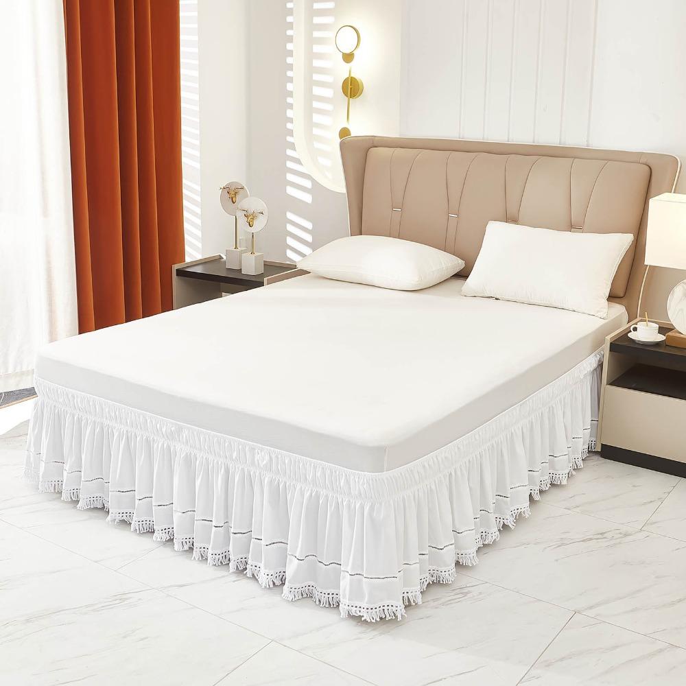 Elastic White Fringed Bed Skirt Ruffled Stretchable Bedspread Dust-proof Romantic Under-bed Covering Skirt Bed Room