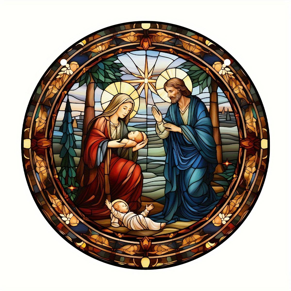 

Christmas Jesus Stained Acrylic Suncatcher Wall Decor Hanging Panel Window Living Room Decoration Wreath Sign Garden Pendants, Novelty Home Decor 15X15cm