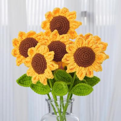 10Pcs Crochet Sunflower with Leaves Handmade Knitting Yarn Flower Decoration Home Office Table Centerpiece Mother's Day Birthday Christmas Gift