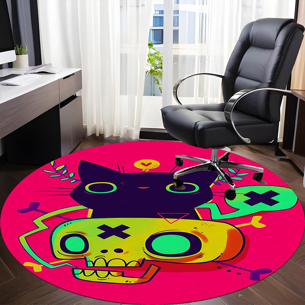 1pc Cat Skull Office Round Area Rug, Under Office Chairs Bedroom Living Room Home Decor, Room Deco