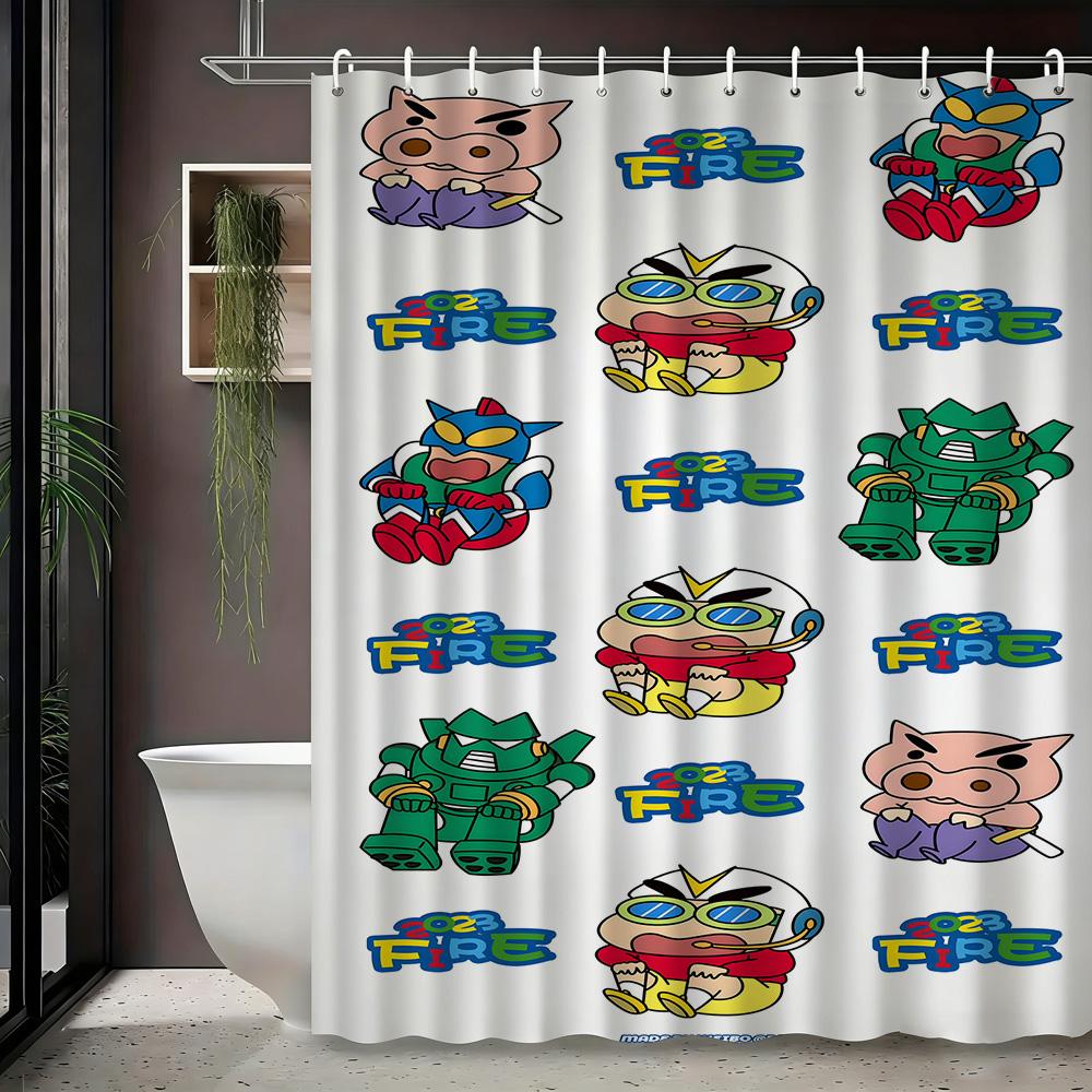 Crayon Shin-Chan & Friends School Uniform & Robot Statue Scene 2D Print Waterproof Shower Curtain, Blue & Yellow Bathroom Decor