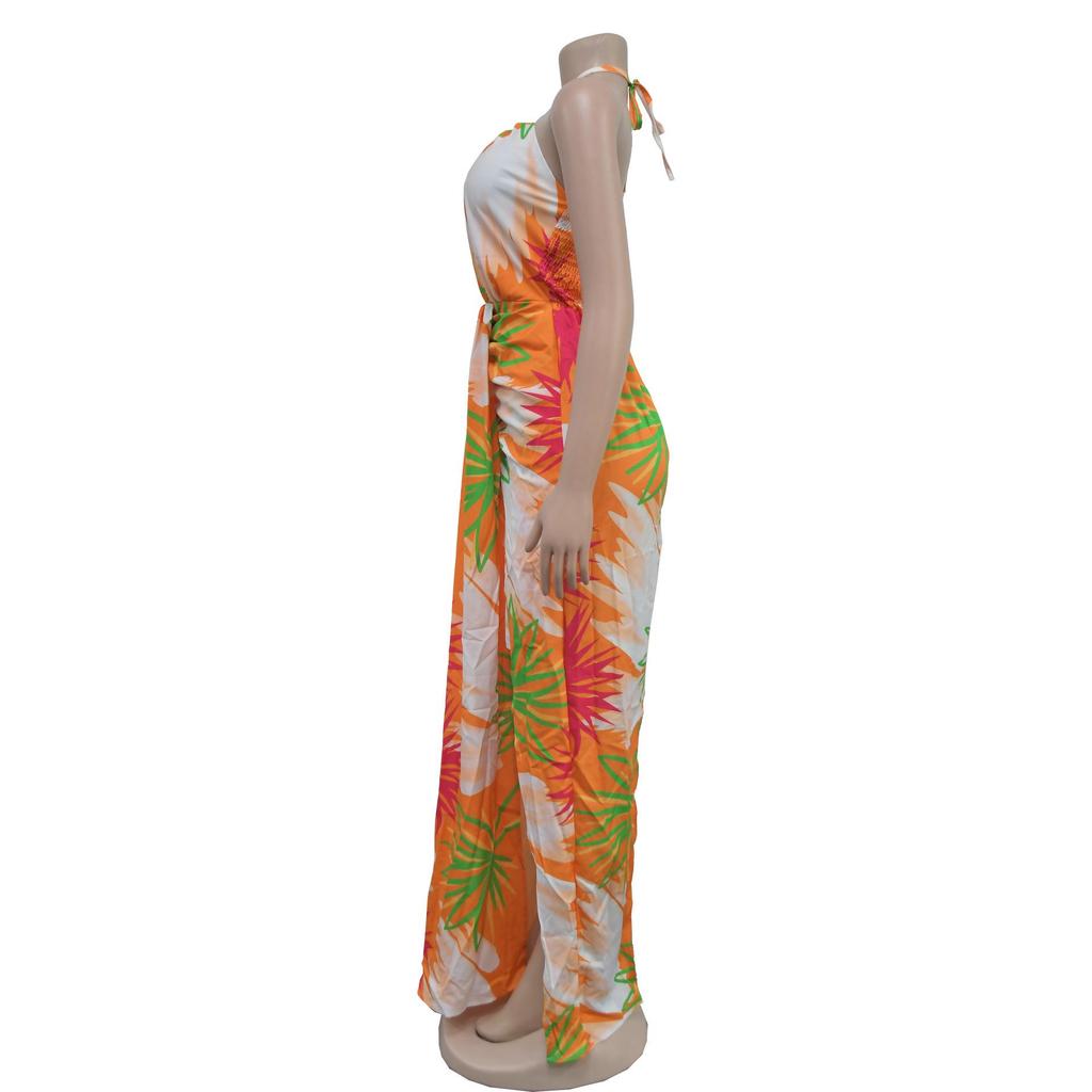 C6921 European & American Style Women's Printed Backless Lace-up Long Dress