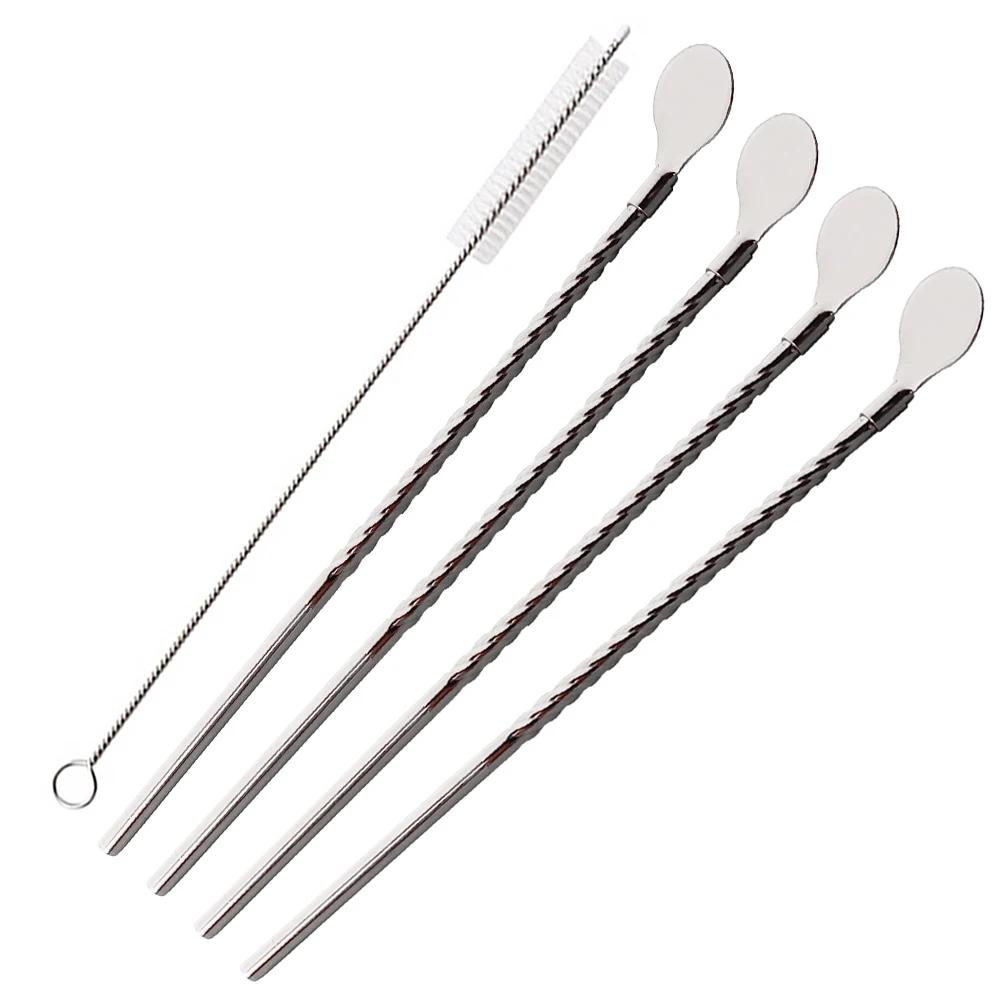 5Pcs Milkshakes Cocktails Coffee Juice Straw Set 2-in-1 Stainless Steel Straw Spoon Set Reusable Drinking Straws Bar Accessories