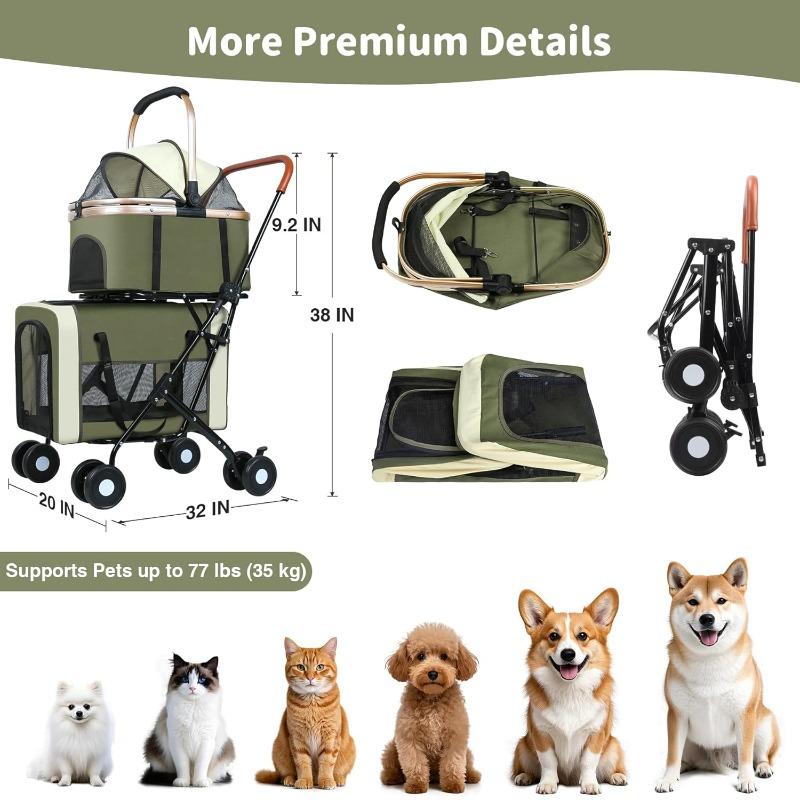 Double Pet Stroller For Dogs Cats Foldable Travel Carriage Detachable Carriers Safety Belts 4 Lockable Wheels Heavy Duty Load