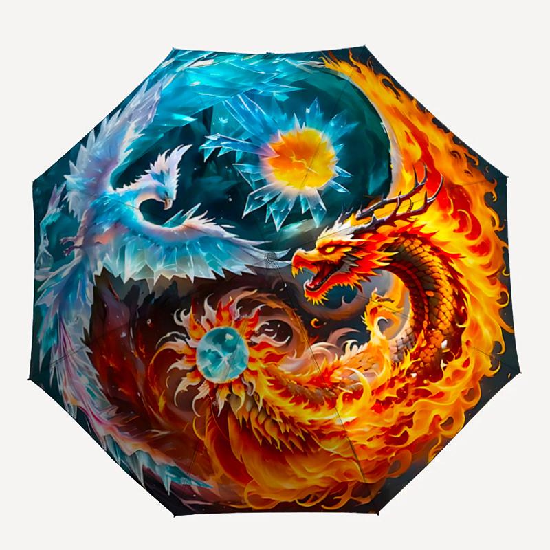 1pc The Dance of Fire and Ice Dragons Fully Automatic Folding Portable Umbrella, 8 Iron Frames, Three-Fold Design, Suitable for All Seasons, Suit