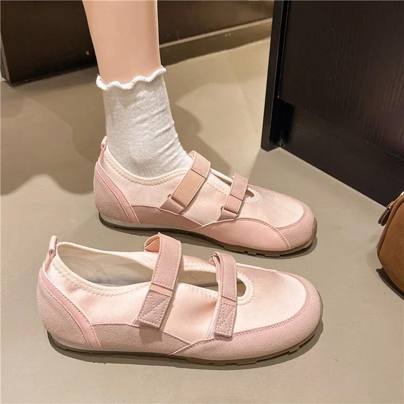 Fashion Ballet Flat Shoes Women's Summer New Commuter Casual Soft Leather Sport Hollow out Color Block Flat Shoes Magic Tape Closure