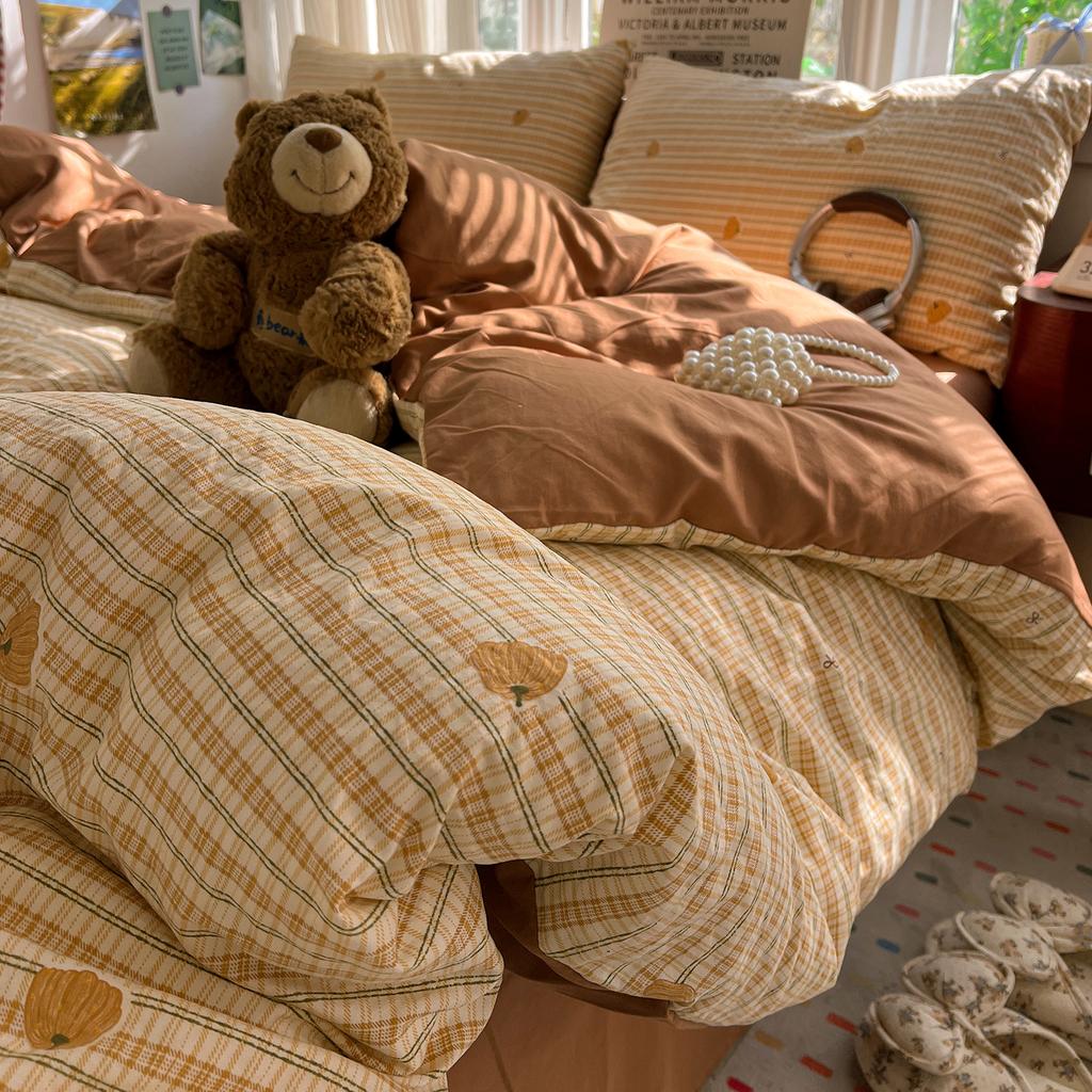 Korean Style Bedding Sets Floral Flat Sheet Duvet Cover Pillowcase Twin Queen Full Size No Filling Fitted Sheet Set Home Decor