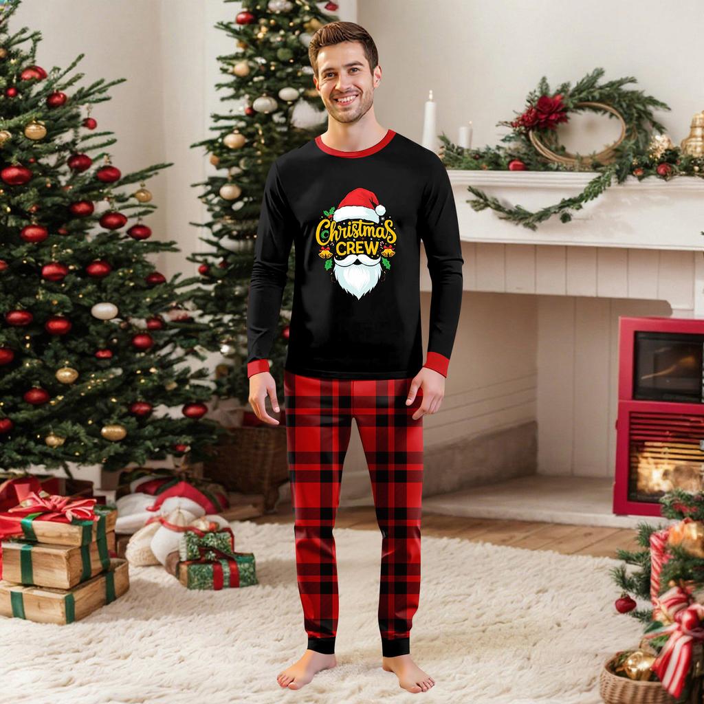 Parent Child Outfit Christmas Print Home Long Sleeved Top And Plaid Striped Trousers Set