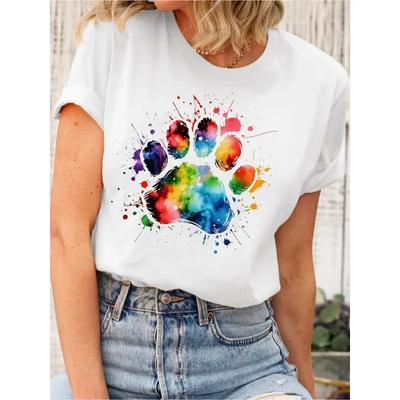 Colorful Cartoon Pattern Dog Paw Print Round Neck T-Shirt Summer And Spring Casual Cartoon Pattern Short Sleeved Women'S Top