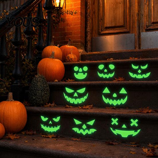 Pumpkin Glow Decal for Walls 2Pcs Halloween Glow-in-the-Dark Wall Stickers, & Ghost Face Decals Indoor Ceiling Door Decor, Light Up