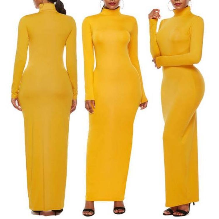 Stretchy Bodycon Long Dress Solid Color Turtle Neck Casual Womens Long Sleeve