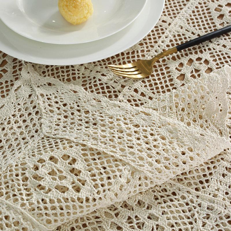 Cloth Dad Tablecloth Retro Crochet Hollowed Out Ultra-Rectangular Beige Fringed Coffee Table Western Table Cover Table Mat