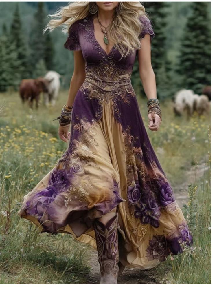 Sukienka maxi z długim rękawem w kwiatowy wzór, z zielono-fioletowym wzorem, w stylu casual boho