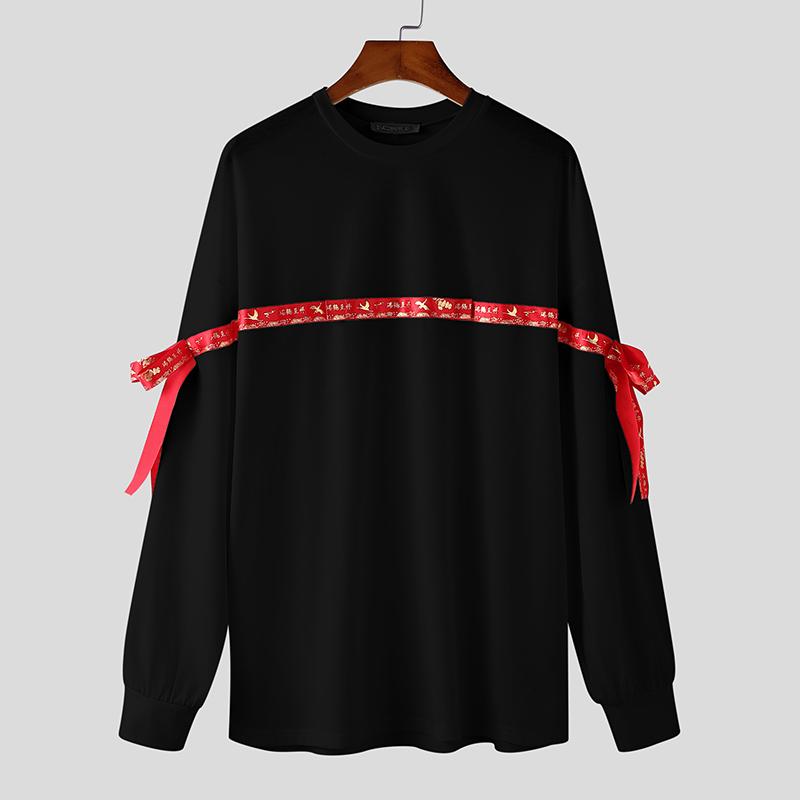 

INCERUN Oversized Men Long Sleeve Print Bow Knot Patchwork T-shirts Casual Tops 5XL чорний