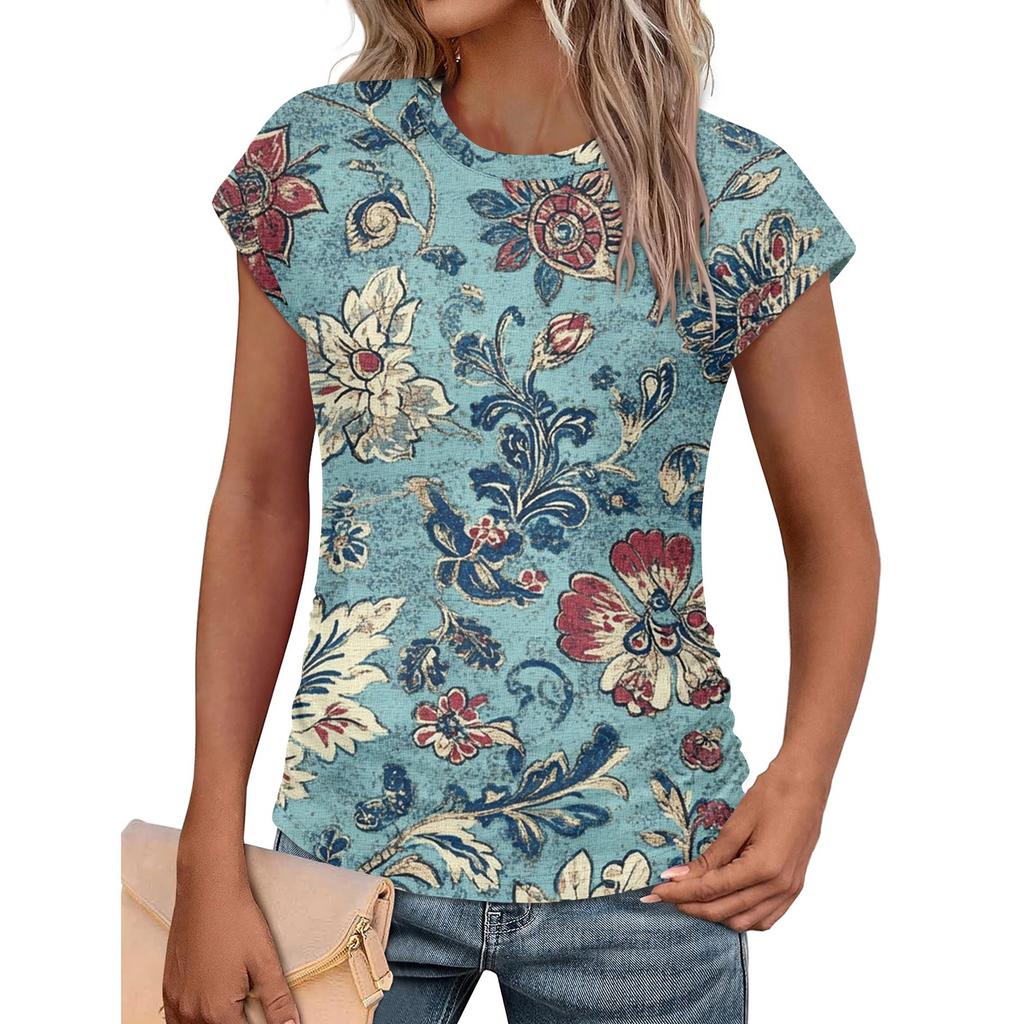 Women Summer Tops Trendy Crew Neck Short Sleeve T-shirts Shirts Fashion Women's Vintage Printed T-Shirt Outdoor Clothes Pullover