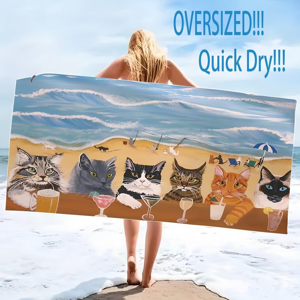Cute Cat-Printed Beach Towel: Dive into Fun by the Sea! Suitable for towels, bath towels, beach towels