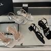 French Medium Heel Silver Rhinestone Sandals Fairy Shoes 2025 New Summer with Skirt Seaside Vacation Roman Shoes