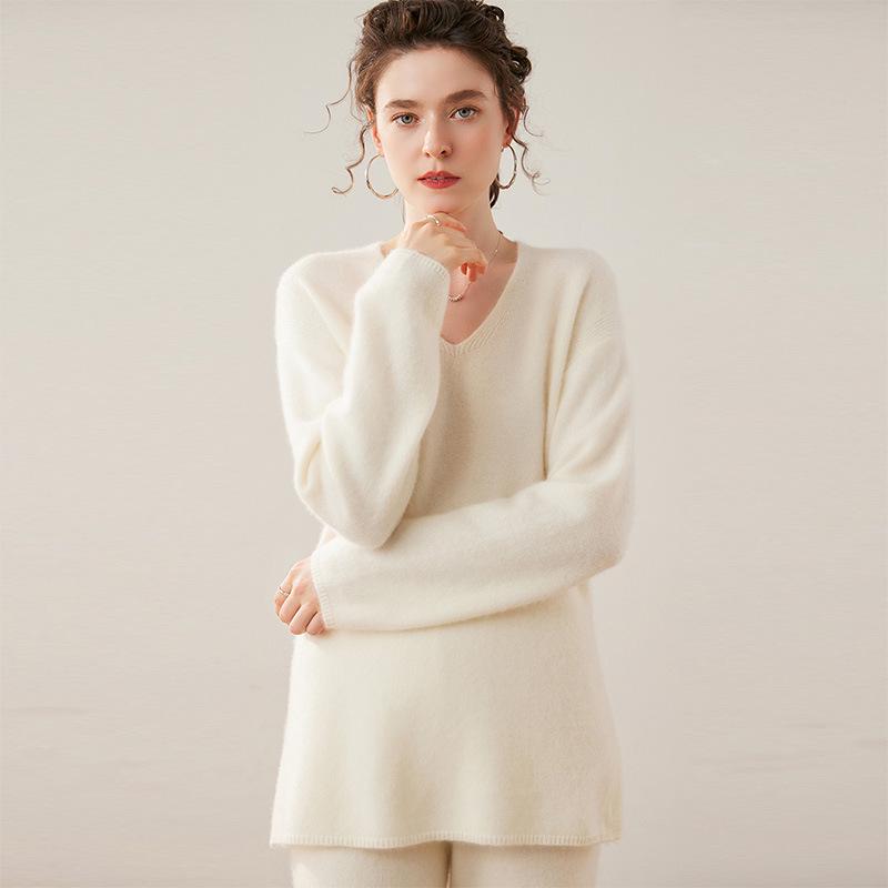 Women's Cashmere V-Neck Mid-Length Slit Sweater, Solid Color, Autumn/Winter Loose Fit