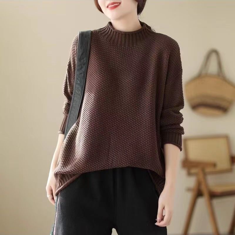 Women's Loose Stand Collar Sweater Autumn Winter Vintage Soft Skin-Friendly Solid Color Sweater