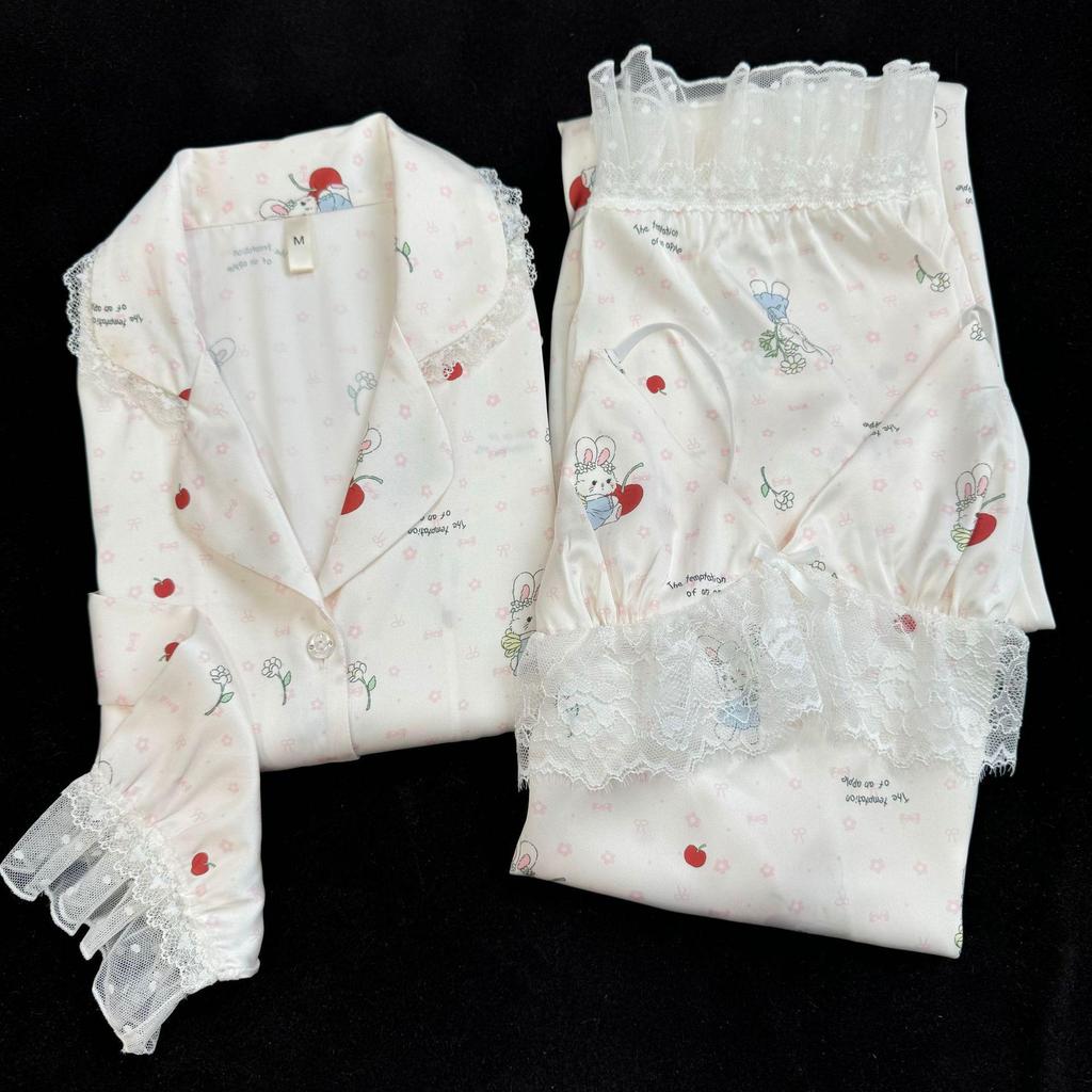 2026 Women's Ice Silk Floral Pajama Set: Long Sleeve Top, Long Pants, Lace Camisole with Bra Pads