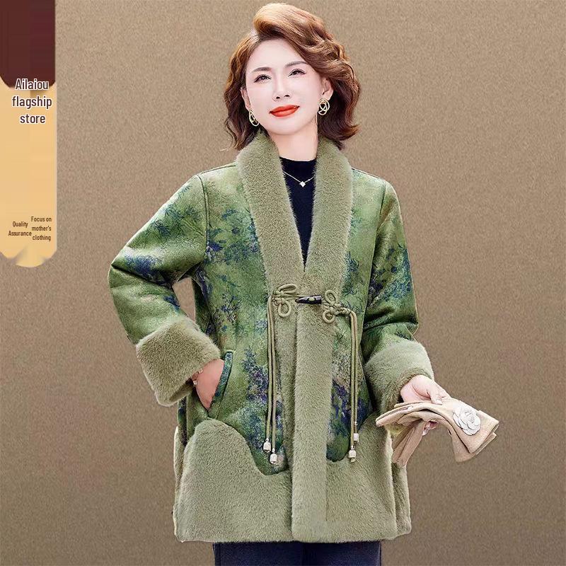 Mom's Winter Mink Fleece Mid-Length Coat: Warm, Thick Fur Coat for Middle-Aged & Elderly Women - National Style, Perfect for New Year.