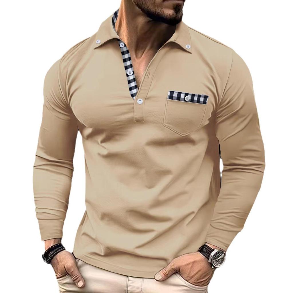 Men's Casual Patchwork Solid Color Long Sleeved Polo Shirt